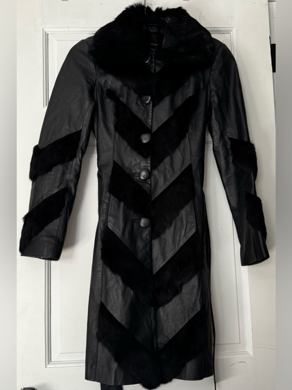 Bebe Long Black Leather and Fur Jacket